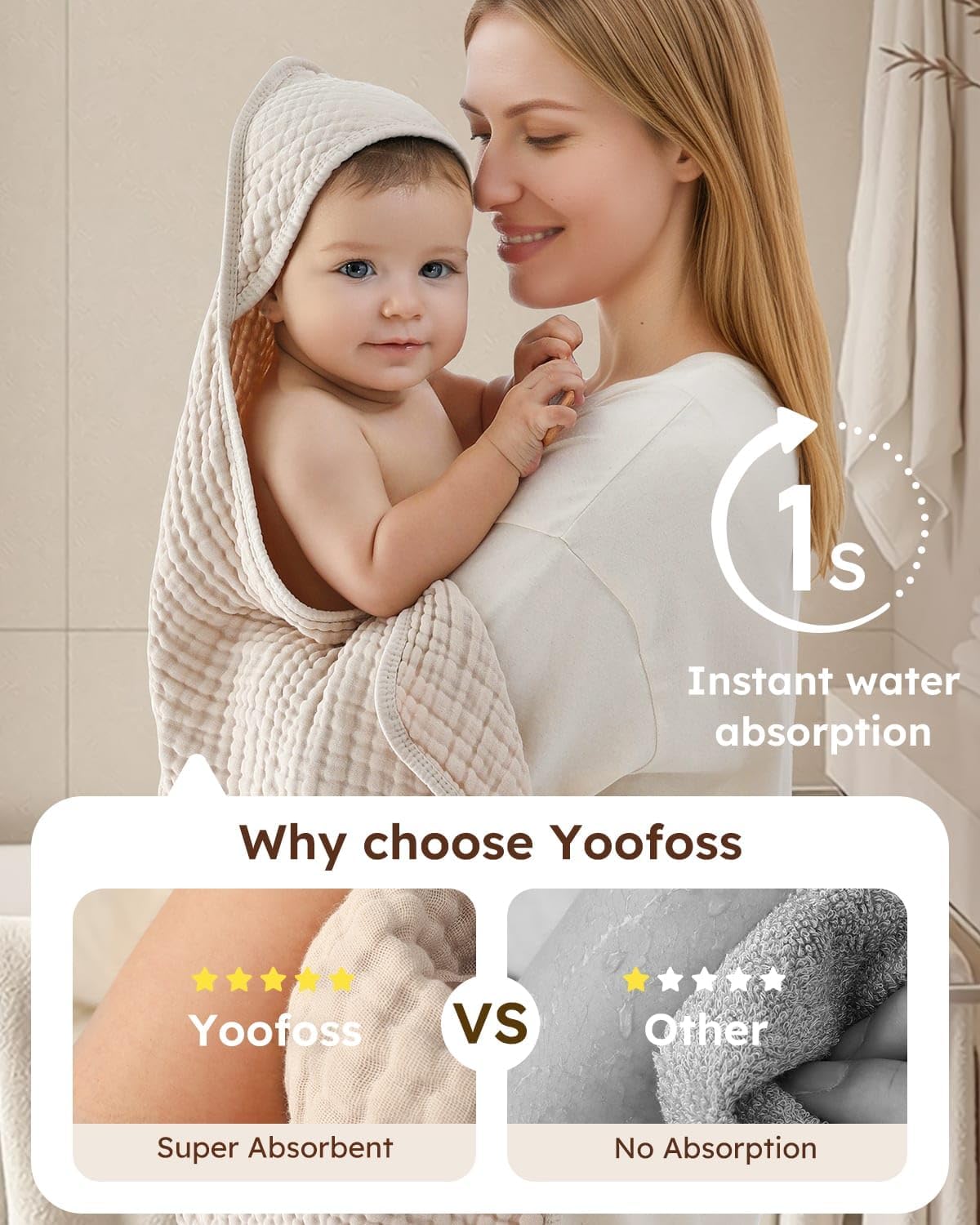 Yoofoss Hooded Baby Bath Towels 2 Pack 100% Muslin Organic Cotton with Hood