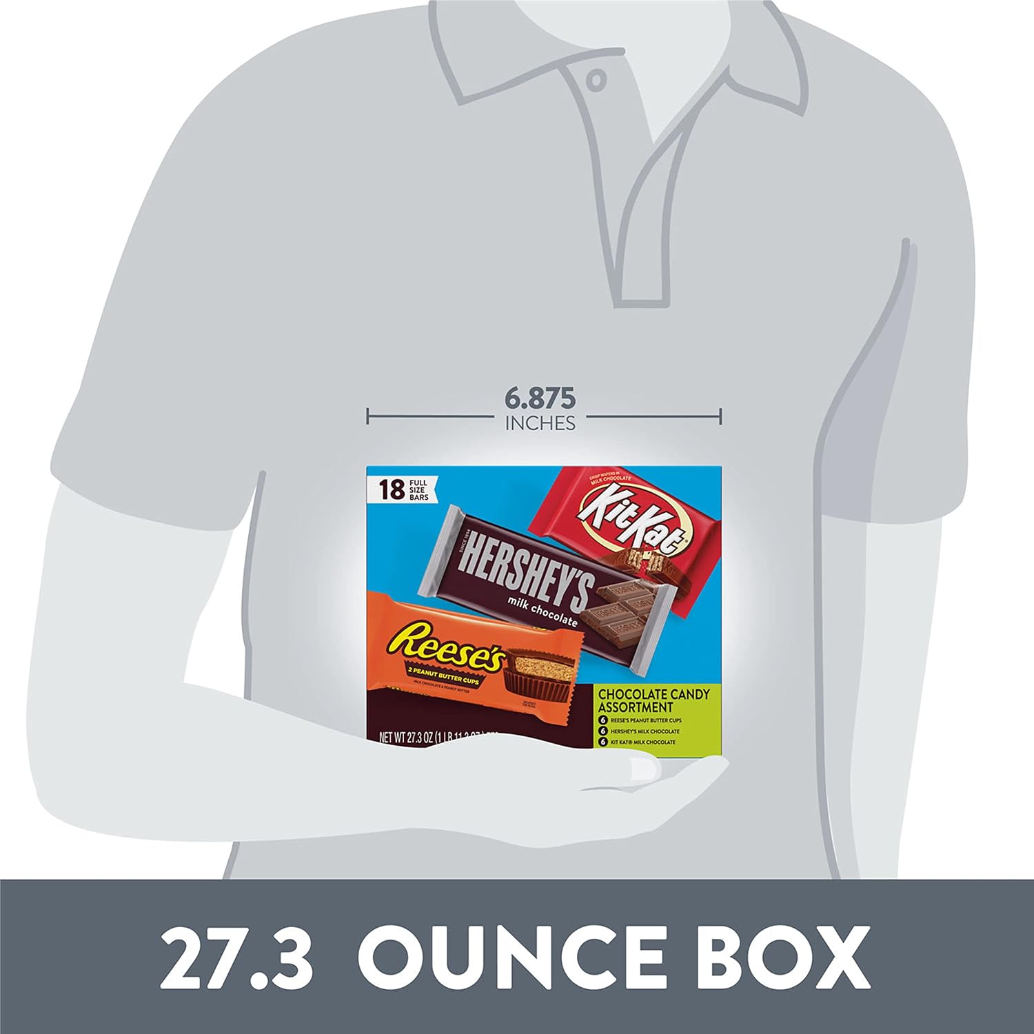 HERSHEY'S, KIT KAT and REESE'S Assorted Milk Chocolate, Full Size Bars Variety Box, 27.3 oz - 18 Count (Pack of 2)