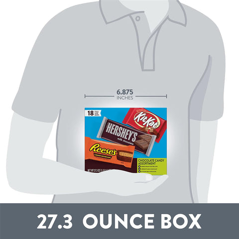 HERSHEY'S, KIT KAT and REESE'S Assorted Milk Chocolate, Full Size Bars Variety Box, 27.3 oz - 18 Count (Pack of 2)