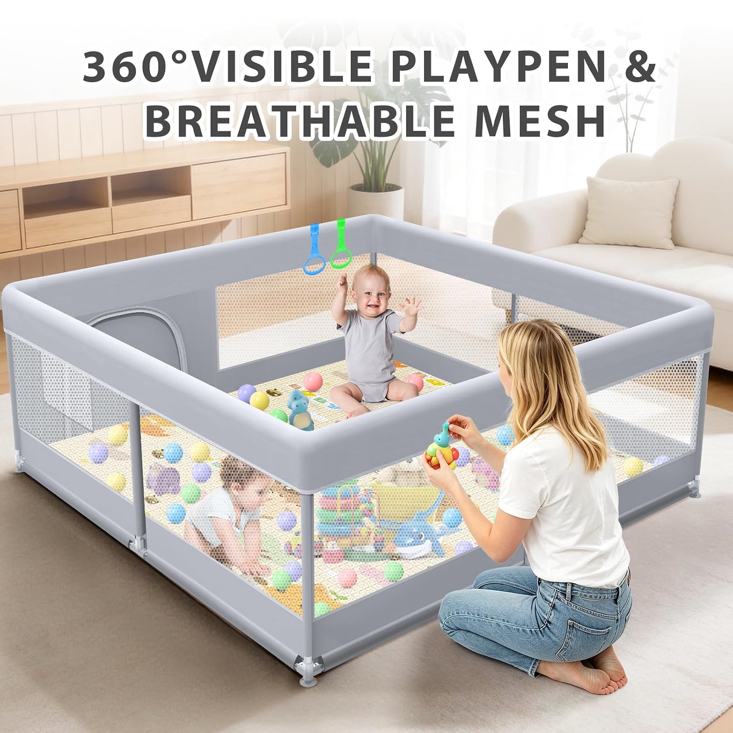 XVISHX Baby Playpen with Mat, 50x50 Inch Play Pen, Playpen for Babies and Toddlers, Baby Playard for Indoor & Outdoor Active Center Game Fence, with Skin-Friendly Fabric and Soft Breathable Mesh