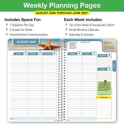 Global Datebooks 2026-2027 Middle & High School Student Planner 5.5" x 8.5" - Dated Weekly & Monthly Academic Planner Large w/Ruler/Bookmark & Stickers, For Homework, Matrix Style, Triple Stripe