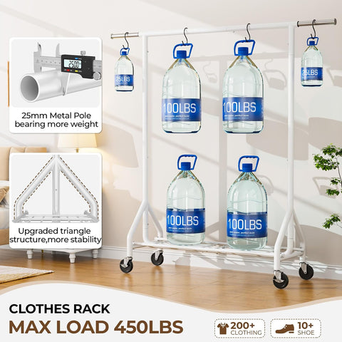 HYSEYY Heavy Duty Clothes Rack Load 450 LBS, Metal Garment Rack, Standing Rolling Clothing Rack for Hanging Clothes with Sturdy Wheels & Shelves, Portable Closet Wardrobe Rack,White