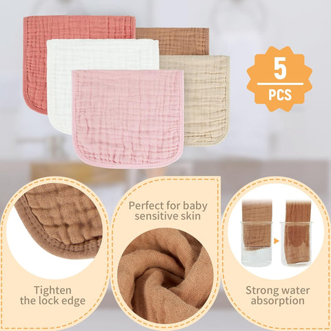 MIGIOL Baby Burp Cloths 100% Cotton Newborn Muslin Burp Cloths 10x20 inches Baby Essentials Pink & Coffee 5-Pack