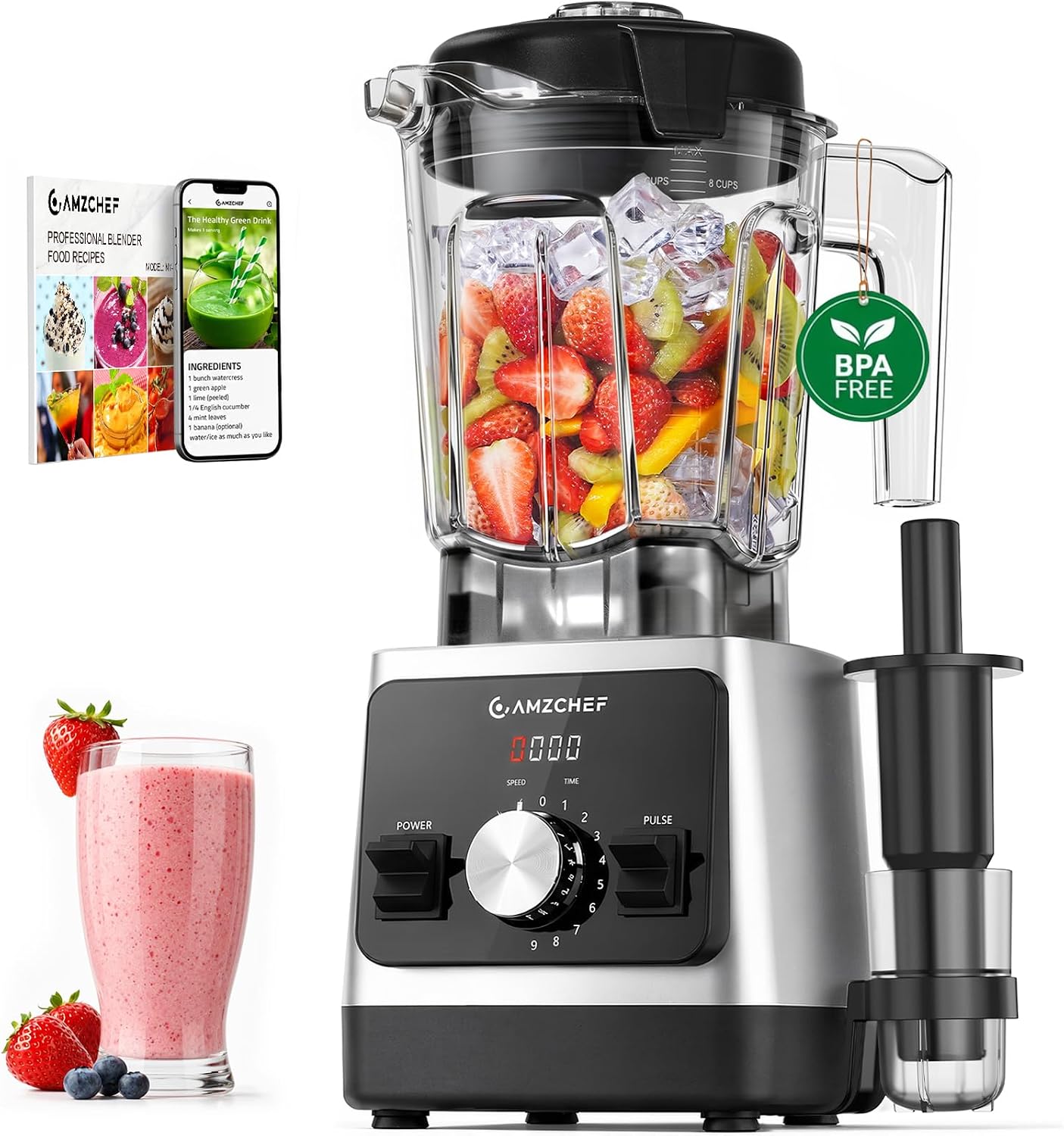 AMZCHEF 1800W Smoothies Blender, Ice-Crushing Countertop Blenders