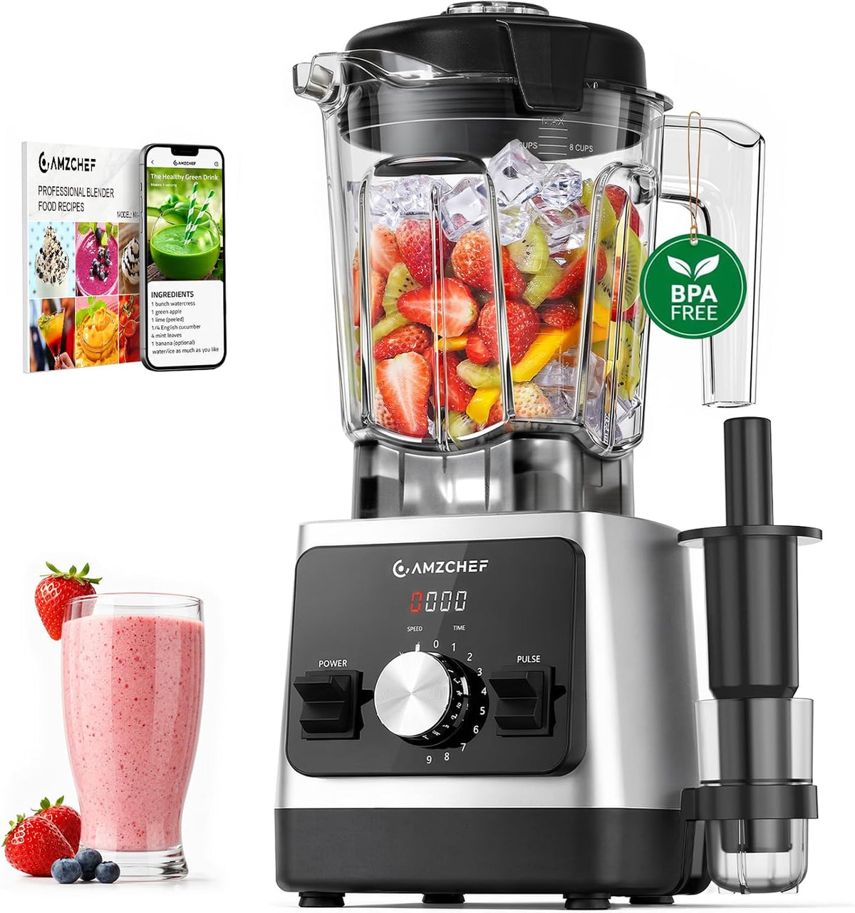AMZCHEF 1800W Smoothies Blender, Ice-Crushing Countertop Blenders