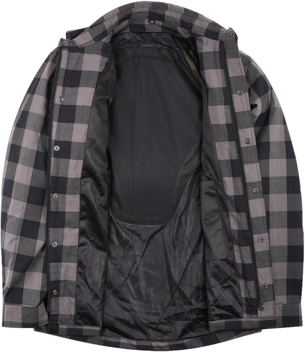 Mens Armored Checkered Flannel Biker Shirt, Multiple Waterproof Storage Pockets CE Approved Armor Reinforced Water Resistant