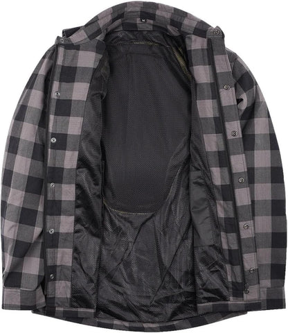 Mens Armored Checkered Flannel Biker Shirt, Multiple Waterproof Storage Pockets CE Approved Armor Reinforced Water Resistant