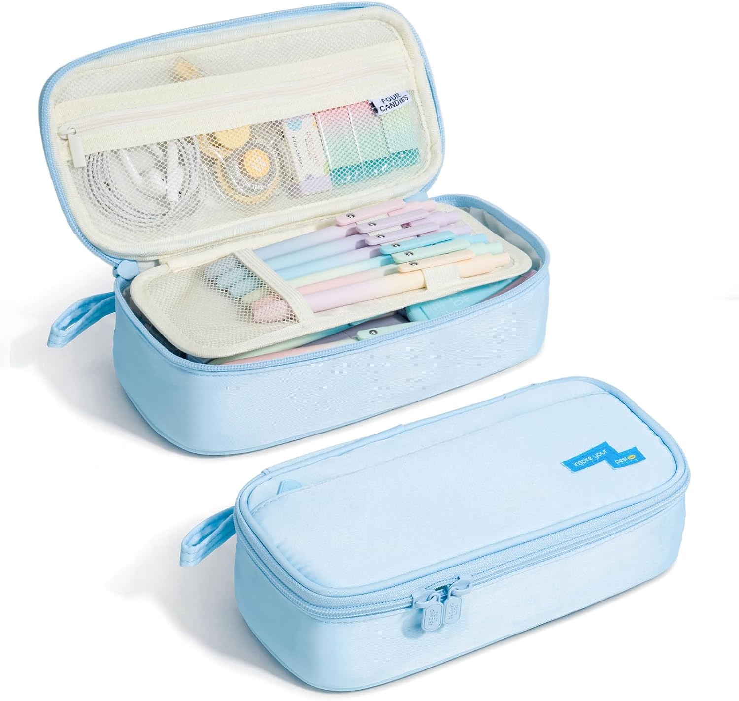 Four Candies Large Pencil Case, 5 Compartments Canvas Pen Organizer
