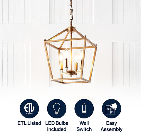 JONATHAN Y Pagoda 4-Light Pendant 12" Cage, Antique Gold