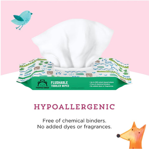 Amazon Brand - Mama Bear Flushable Toddler Toilet Wipes, Unscented, Formulated without Fragrance, Hypoallergenic, Septic Safe, 336 Count, 8 Packs of 43