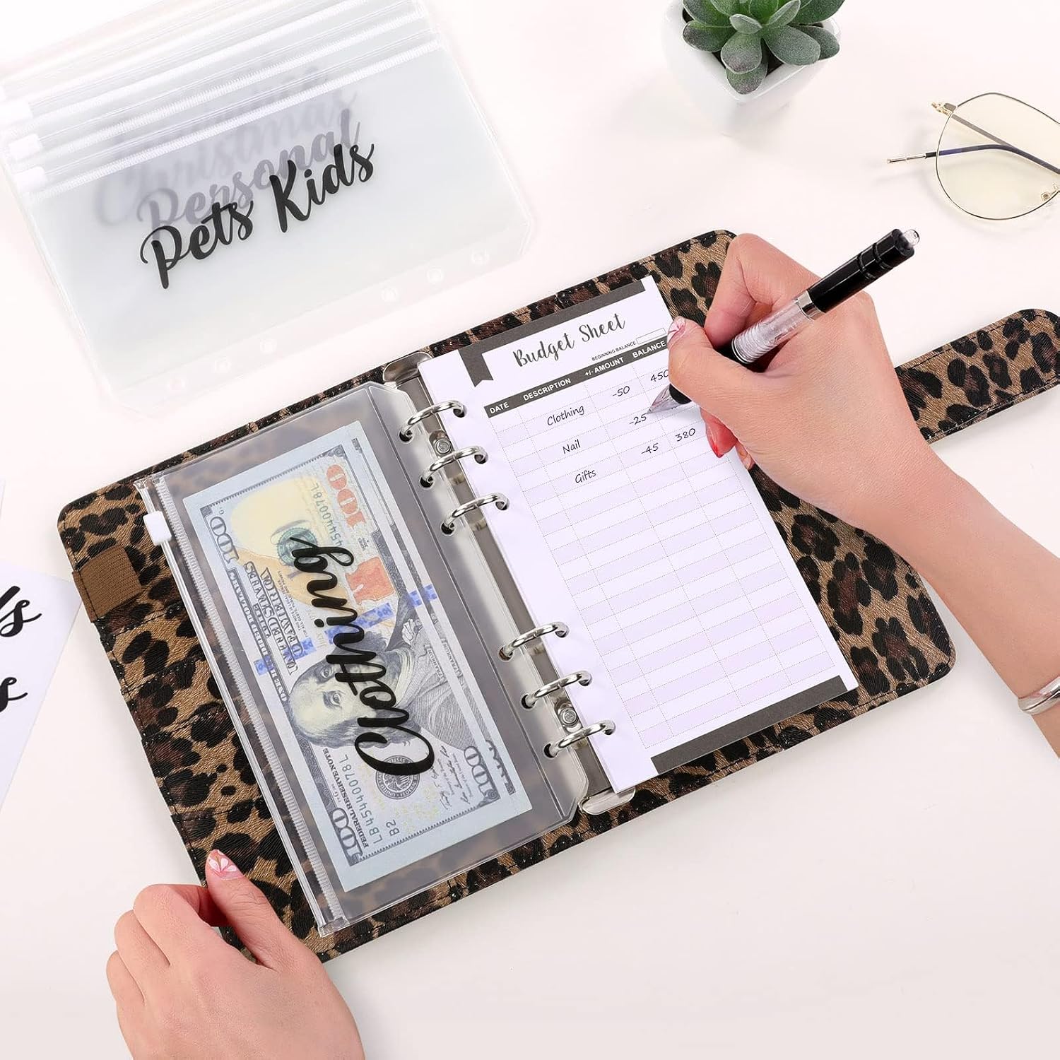 SKYDUE A6 Budget Binder with Zipper Envelopes, Money Organizer for Cash with 12Pcs Expense Budget Sheet & 24Pcs Stickers, Cash Envelopes for Budgeting and Saving