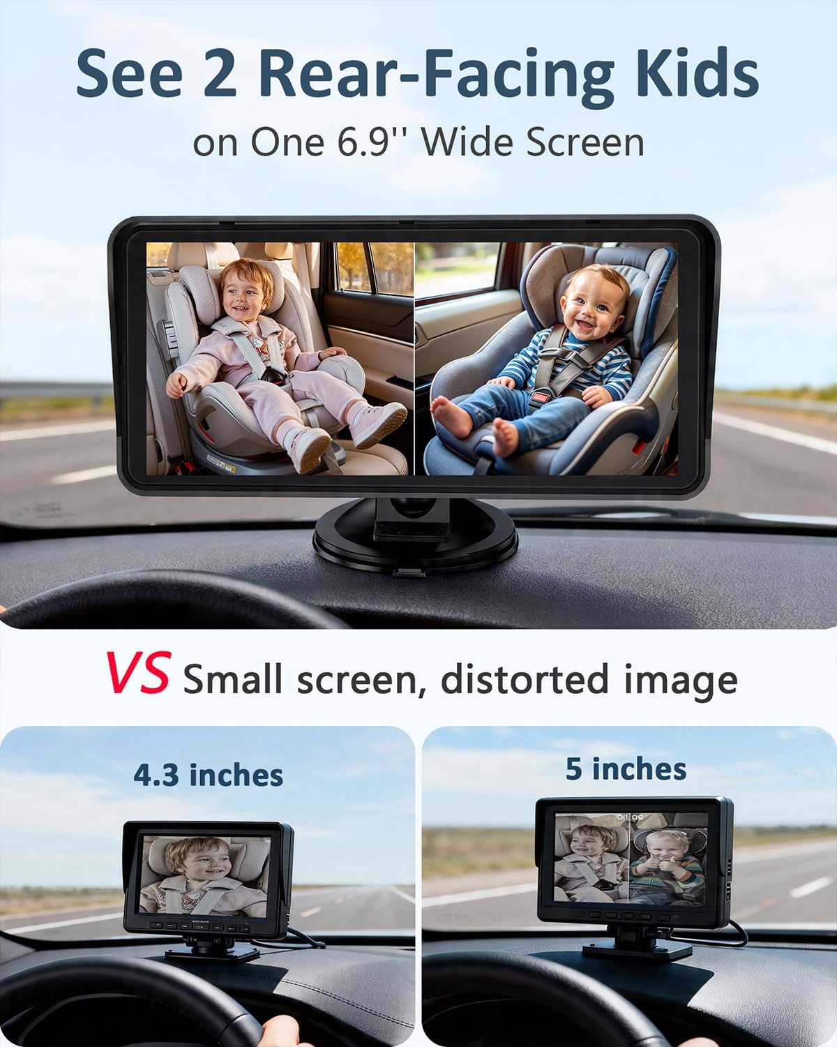 2-Kids Baby Car Camera for Seat: 6.9 Inch Ultrawide Display with 2 Cameras