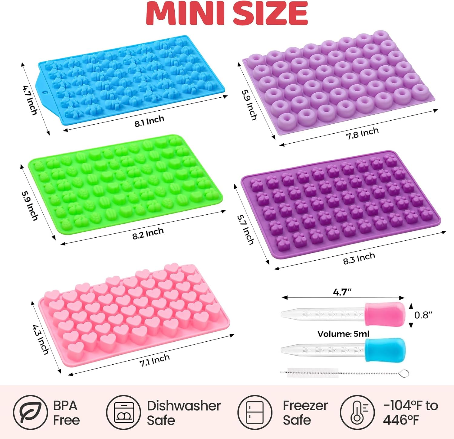 Gummy Molds, 5pcs Gummy Bear Candy Silicone Molds with 2 Droppers & 1 Brush