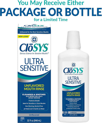 CloSYS Ultra Sensitive Mouthwash, 32 Oz, Alcohol Free Mouthwash, Unflavored Mouth Wash, Dye Free, pH Balanced, Helps Soothe Entire Mouth (Pack of 12)
