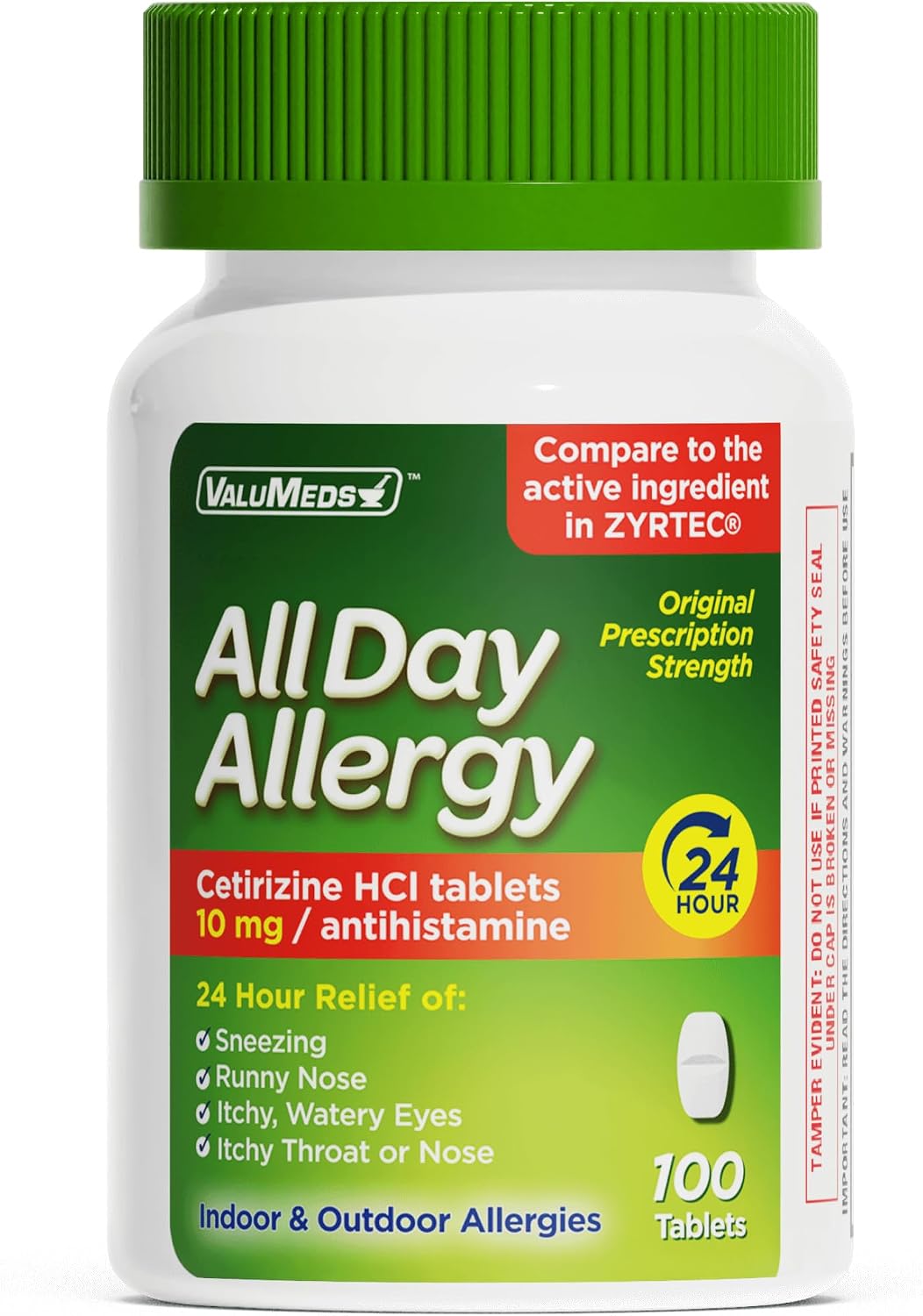 ValuMeds 24-Hour Allergy Medicine Antihistamine for Pollen, Hay Fever, Dry, Itchy Eyes, Allergies | Cetirizine HCl 10mg Caplets, Compare to Leading Brand (100 Count)