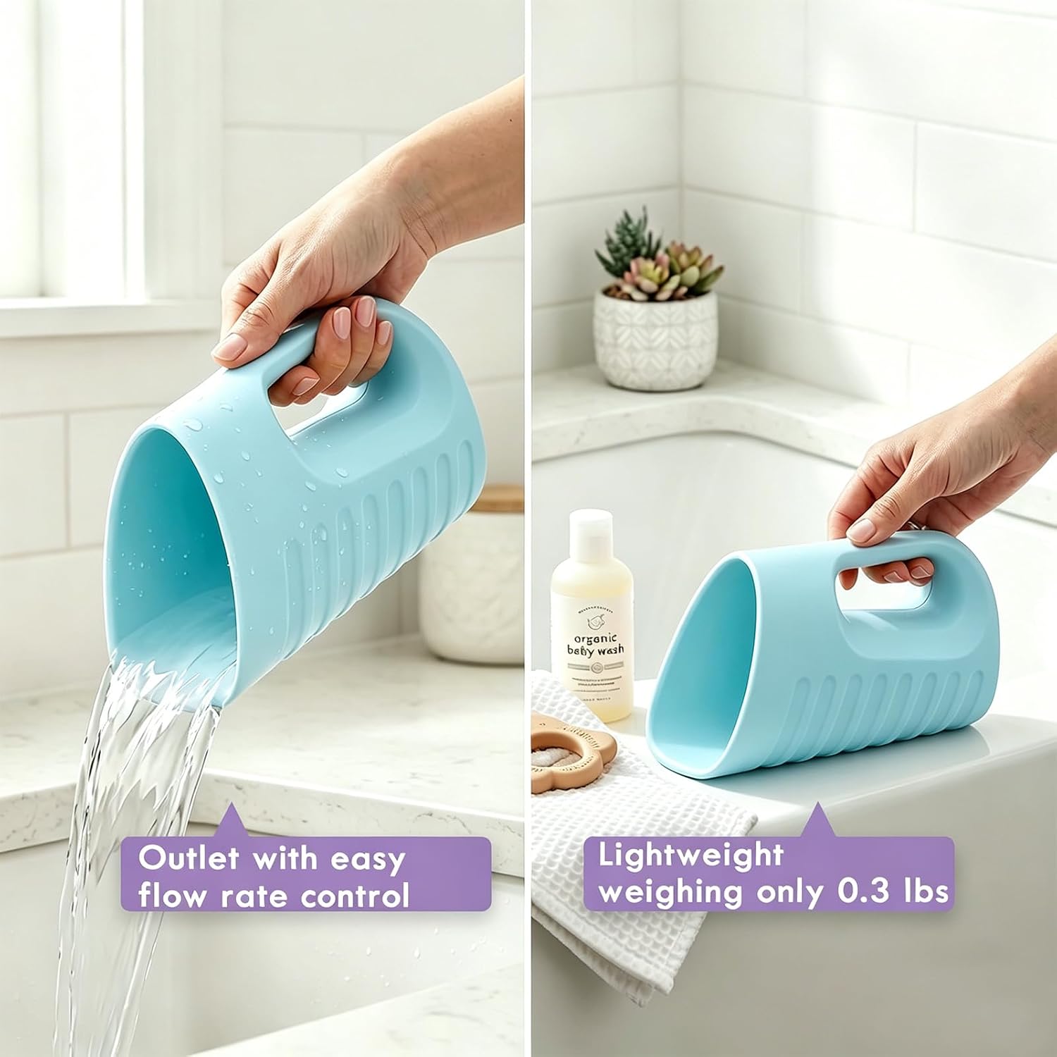 Babylush Baby Bath Rinse Cup & Rinser – 1000ml Soft EVA, 0.3lb Lightweight, BPA-Free Bath Water Pourer, Baby Bath Pitcher, Shower Cup for Kids (Blue)