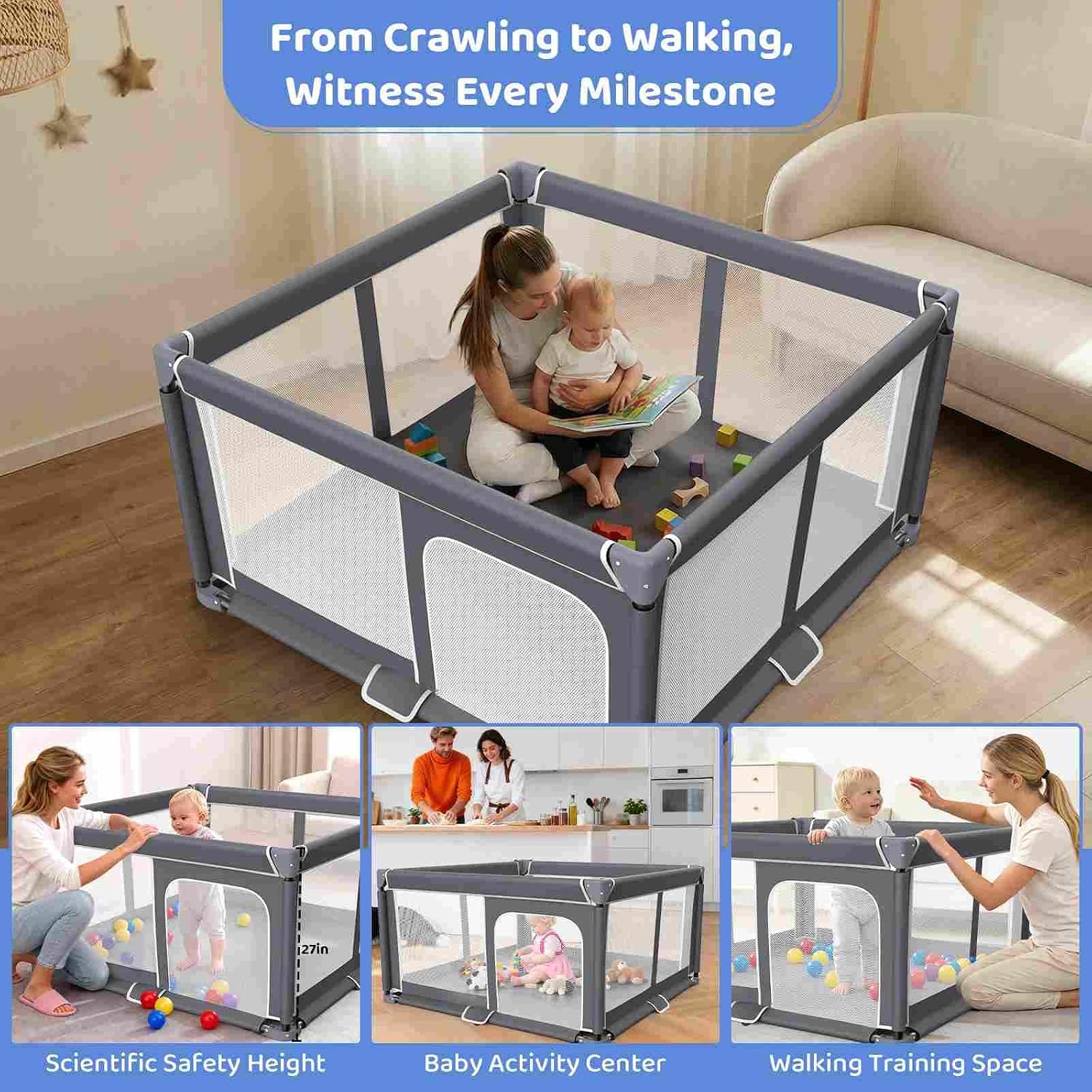 Foldable Baby Playpen Portable Travel Play Yard, Dark Gray