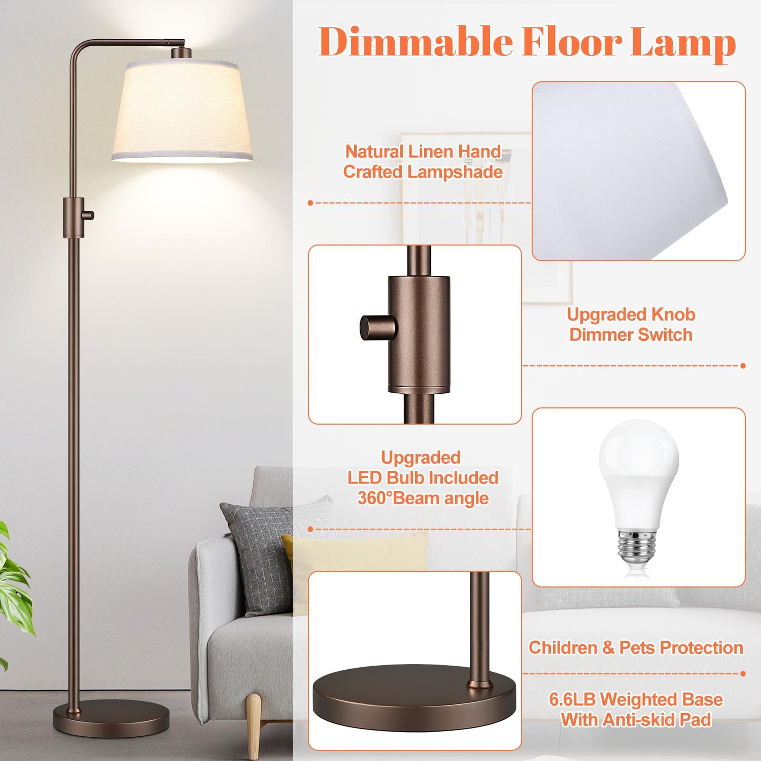 Nintiue [Upgraded] Dimmable Floor Lamp, 1000 Lumens LED Edison Bulb Included, Modern Arc Standing Tall Brown Floor Lamp for Living Room Bedroom Office Dining Room
