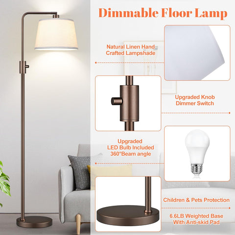 Nintiue [Upgraded] Dimmable Floor Lamp, 1000 Lumens LED Edison Bulb Included, Modern Arc Standing Tall Brown Floor Lamp for Living Room Bedroom Office Dining Room