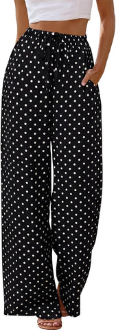 Sampeel Wide Leg Pants for Women Flowy Palazzo Drawstring Elastic Waist Trousers with Pockets Summer Beach Vacation Clothes