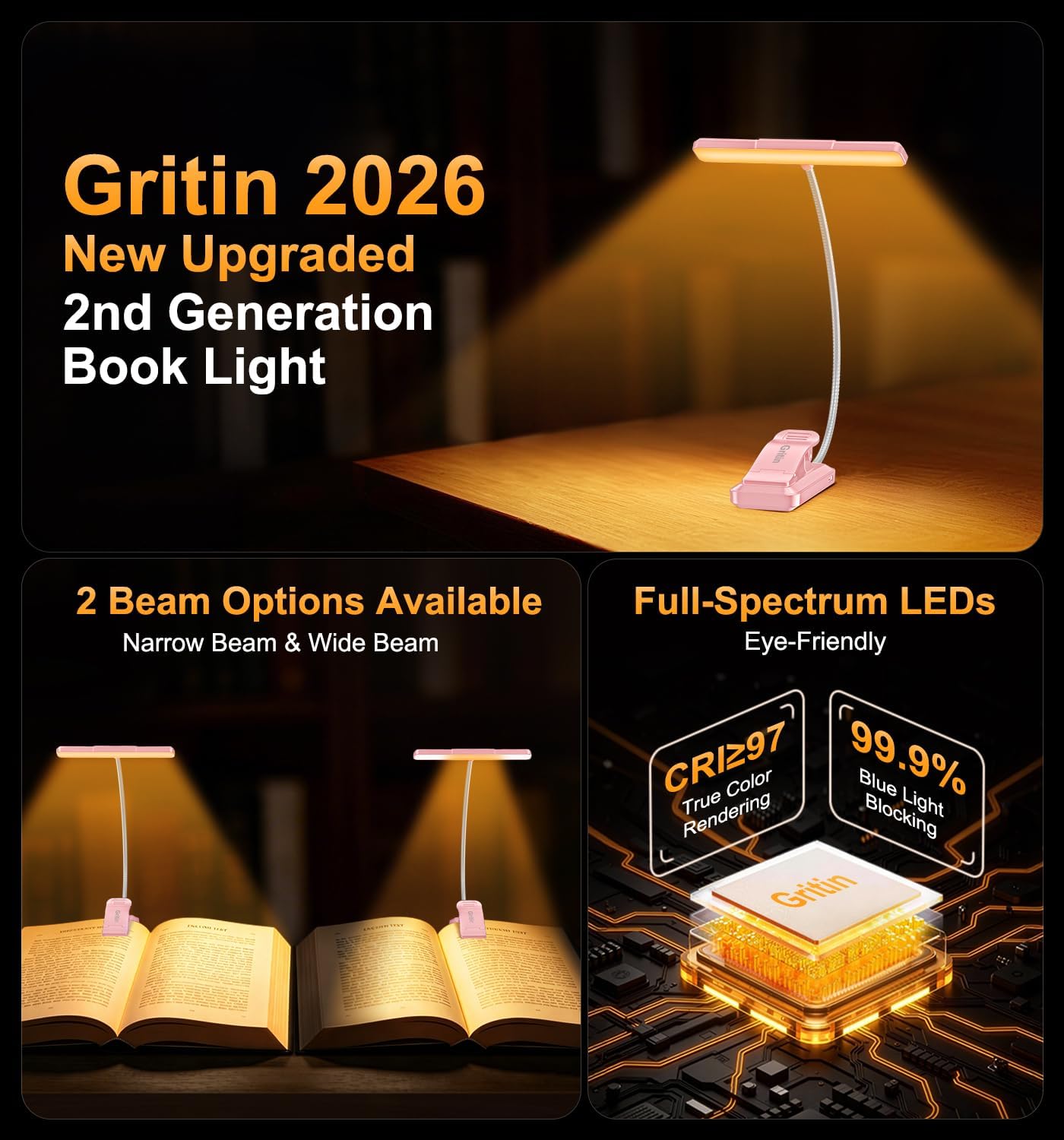 Gritin 2026 Gen 2 Book Light for Reading- 32 Eye Caring Full Spectrum LED