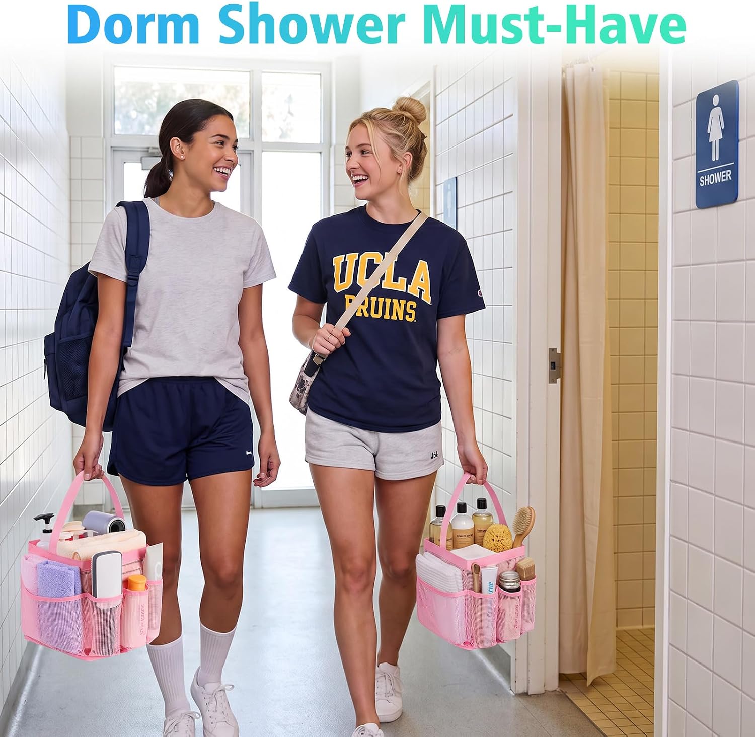 EUDELE Mesh Shower Caddy Portable for College Dorm Room Essentials,Portable Shower Caddy Dorm with 9-Pocket Large Capacity, Shower Bag for Beach, Swimming, Gym, Travel essentials, Pink