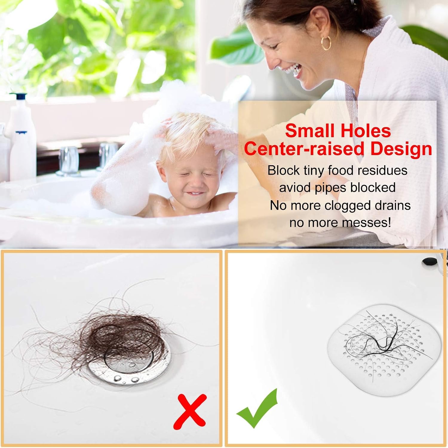 Hair Drain Catcher,Square Drain Cover for Shower Silicone Hair Stopper with Suction Cup,Easy to Install Suit for Bathroom,Bathtub,Kitchen 2 Pack (Grey White)