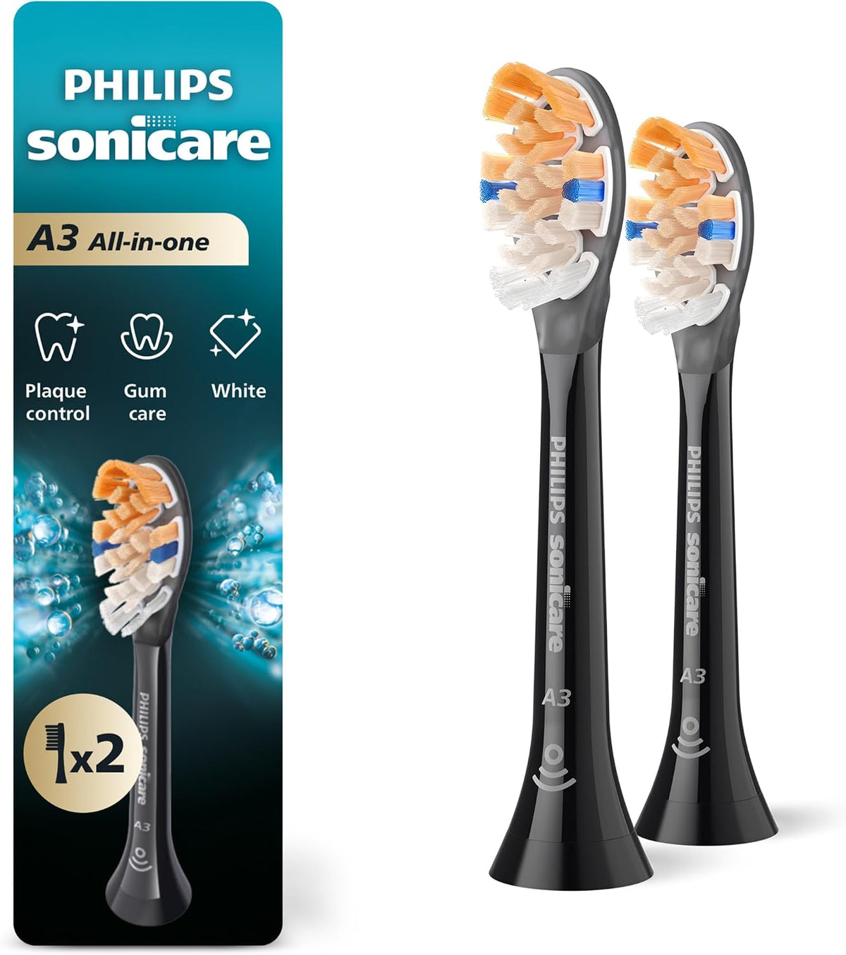 Philips Sonicare A3 All-in-One Brush Heads, 2-Pack, 6 Month Supply, Black