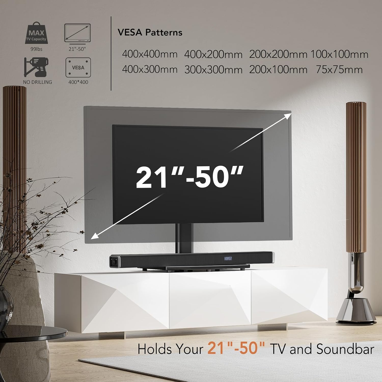 Hemudu Universal Swivel TV Stand/Base Table Top TV Stand for 21 to 50 inch TVs with 90 Degree Swivel, 4 Level Height Adjustable, Heavy Duty Tempered Glass Base, Holds up to 99lbs, HT02B-002