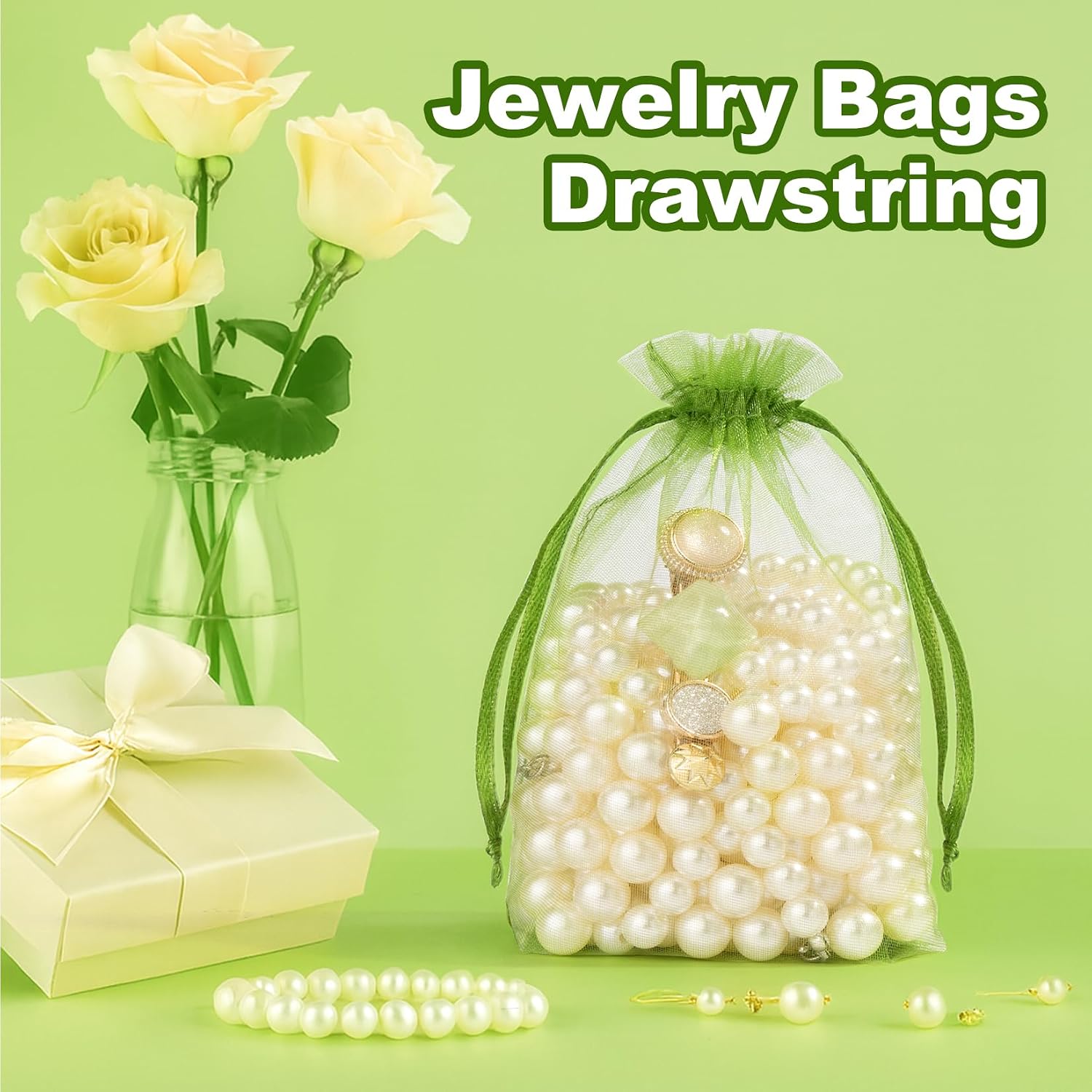 Crweety 50 Pcs Organza Bags 3x4, Green Small Mesh Gift Bags Drawstring Bulk