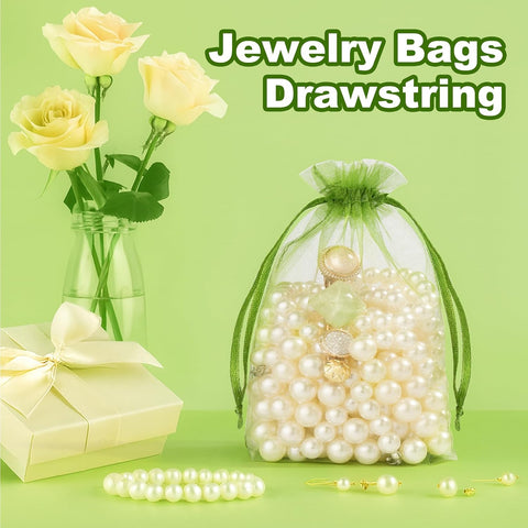 Crweety 50 Pcs Organza Bags 3x4, Green Small Mesh Gift Bags Drawstring Bulk