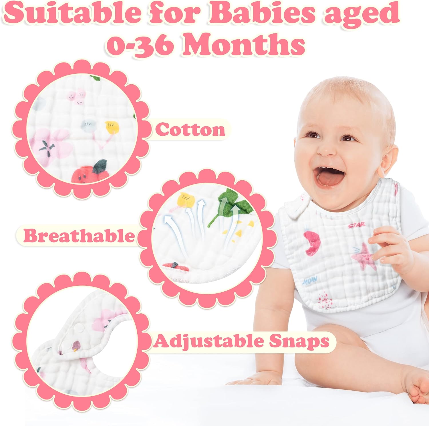 Zainpe 6Pcs Snap Muslin Cotton Baby Bibs