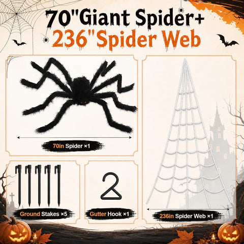 Land Guard 236'' Big Spider Web Halloween Decor+70'' Huge Spider for Roof with Triangular Big Web for on House Outside and Inside
