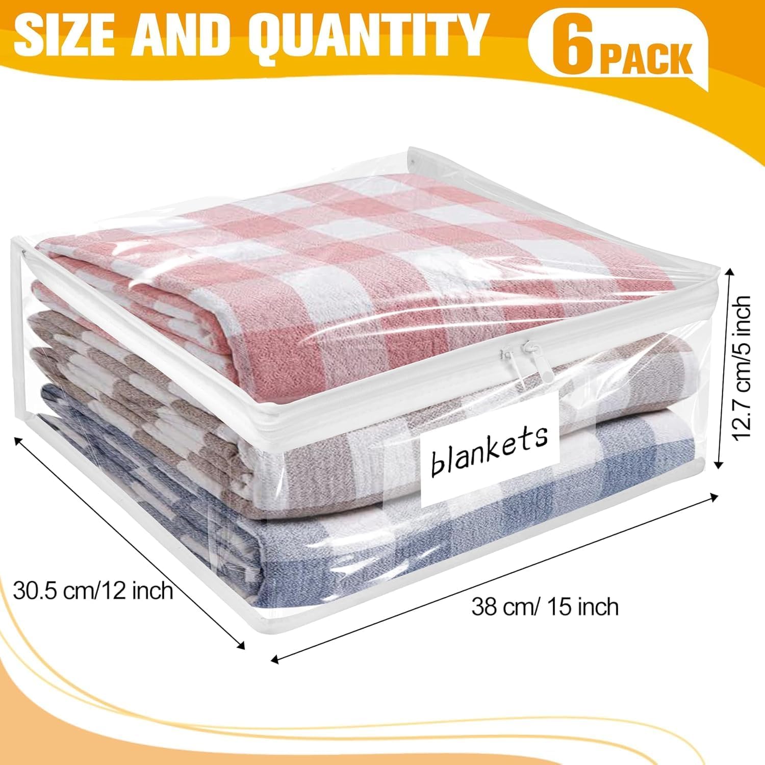 Plastic Storage Bags with Easy-Glide Zipper, Pack of 6, Durable Clear Vinyl Zippered Storage Bags for Clothes Sweaters Comforters Blankets Sheets Bedding (15 x 12 x 5 Inch, Transparent White)