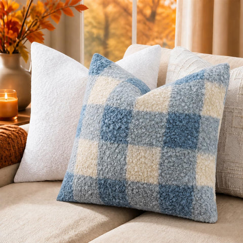 decorUhome Faux Fur Plaid Throw Pillow Covers 18X18 Set of 2 Dusty Blue