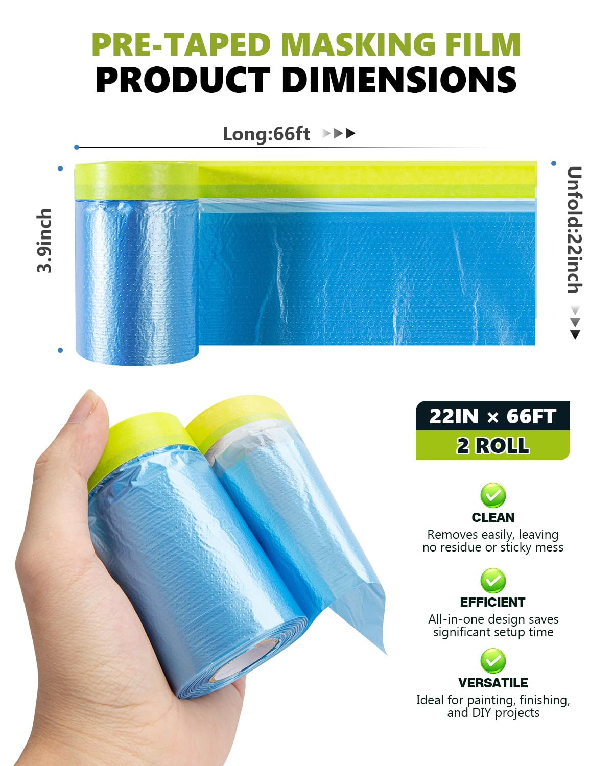 Pre-taped Automotive Masking Film for Painting - 22" x 66', 2 Rolls