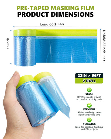 Pre-taped Automotive Masking Film for Painting - 22" x 66', 2 Rolls