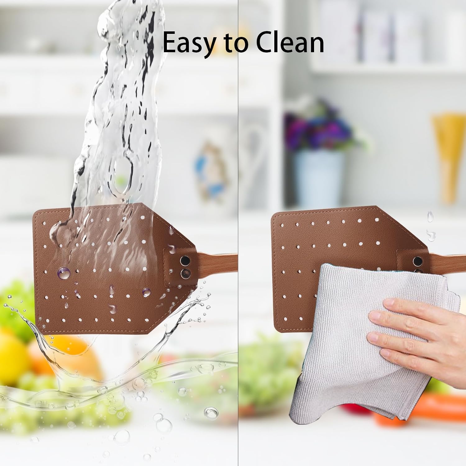 DEBETOOL 2-Pack Wooden Leather Fly Swatter Set with Heavy Duty Handle