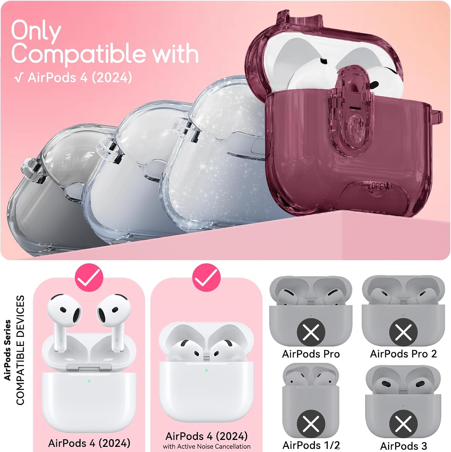 for AirPods 4 Case 2024 with Safety Lock,Wine Red
