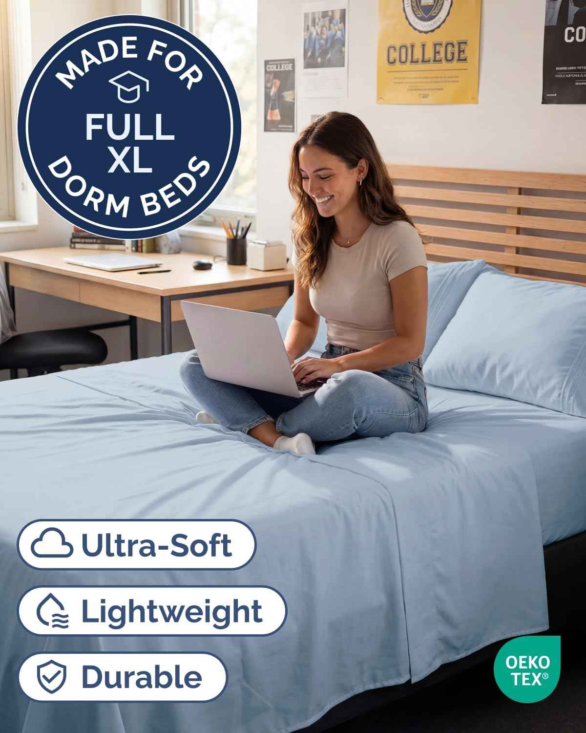Full XL Sheets - 4 Piece Full XL Sheet Set - Cool & Breathable - Sky Blue