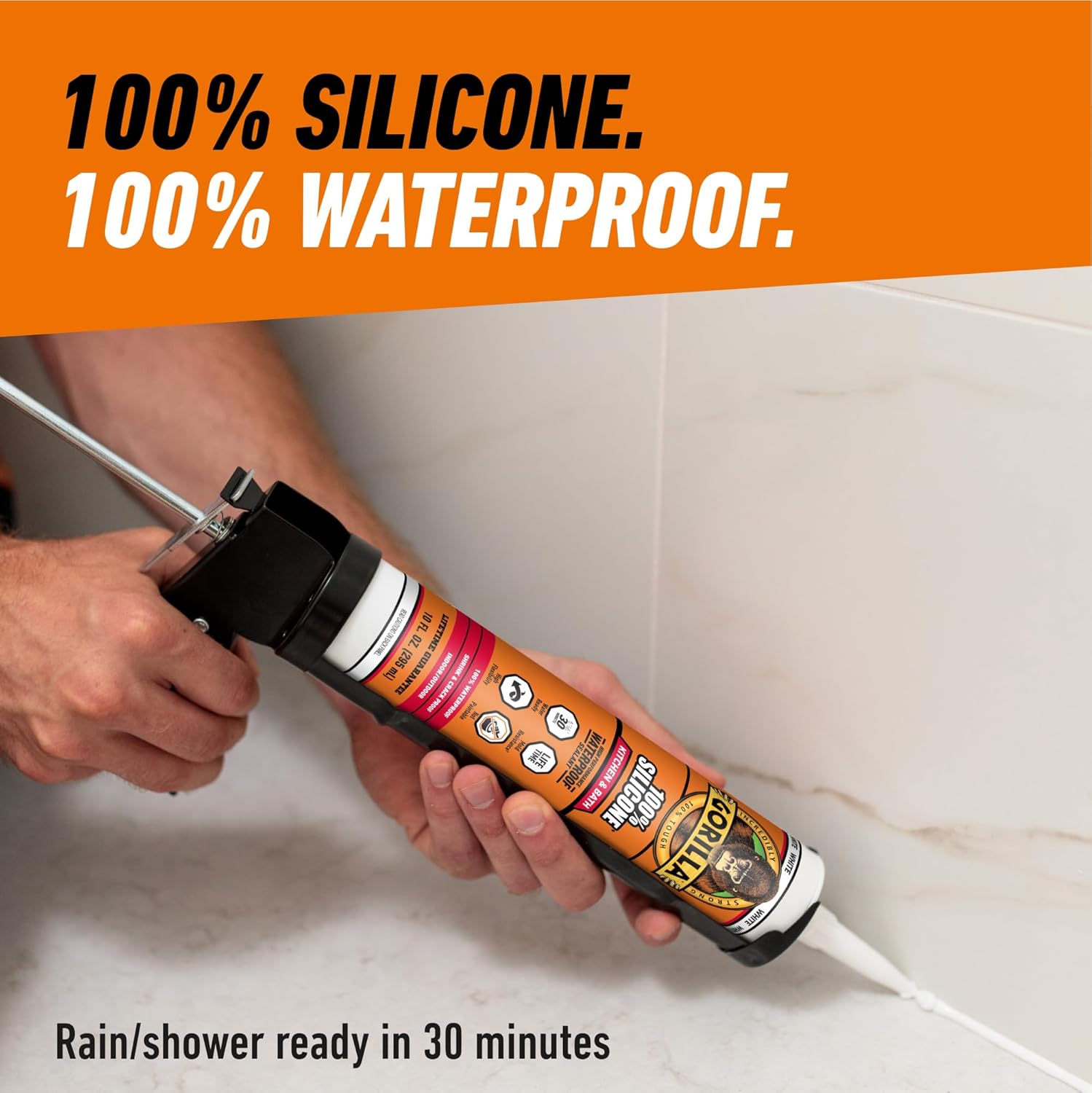 Gorilla 100% Silicone Caulk, Kitchen & Bath Sealant, White, 10 oz Cartridge