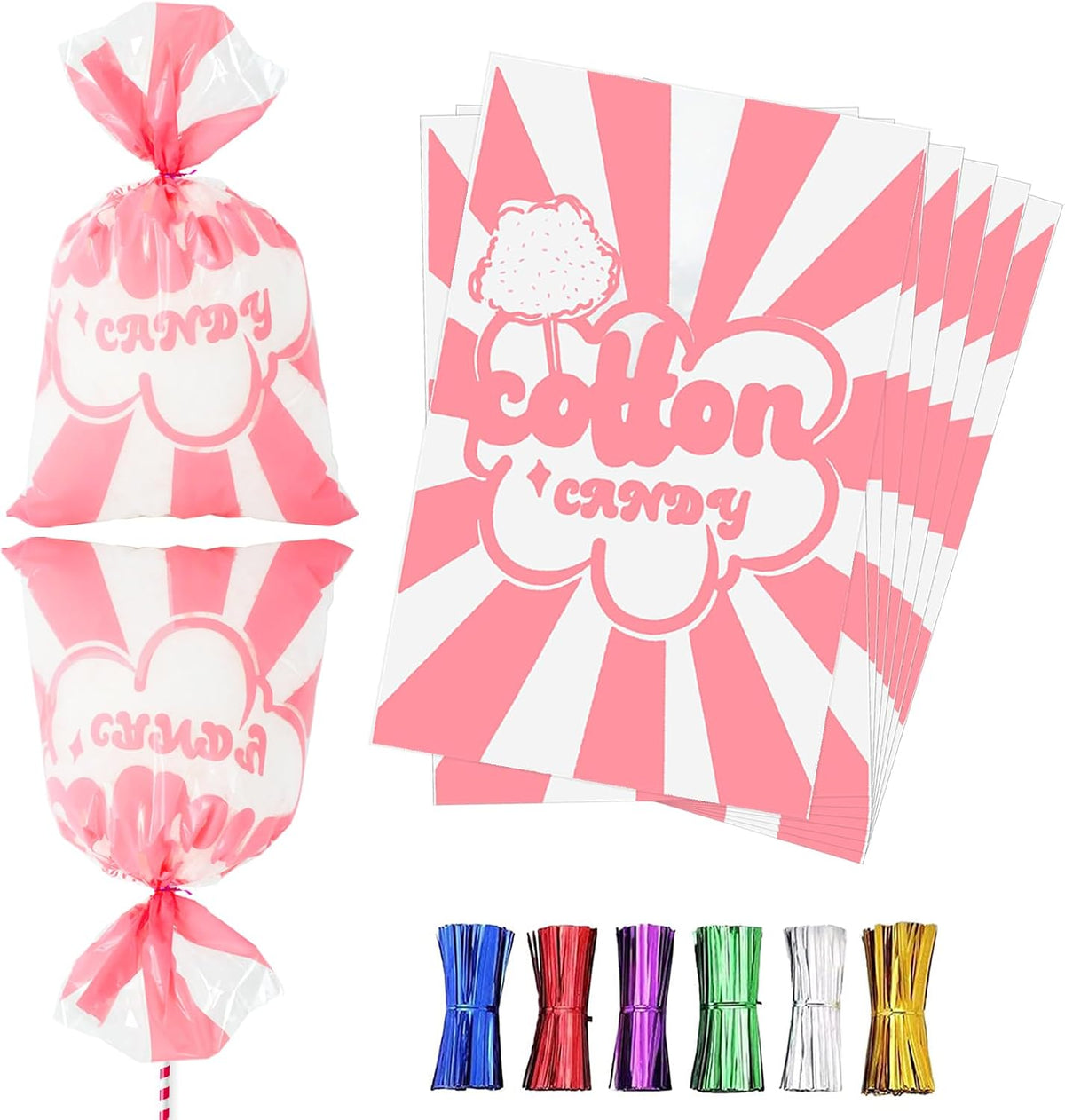 25 Pcs Cotton Candy Bags with Ties, 11.5 x 18.5 Inches