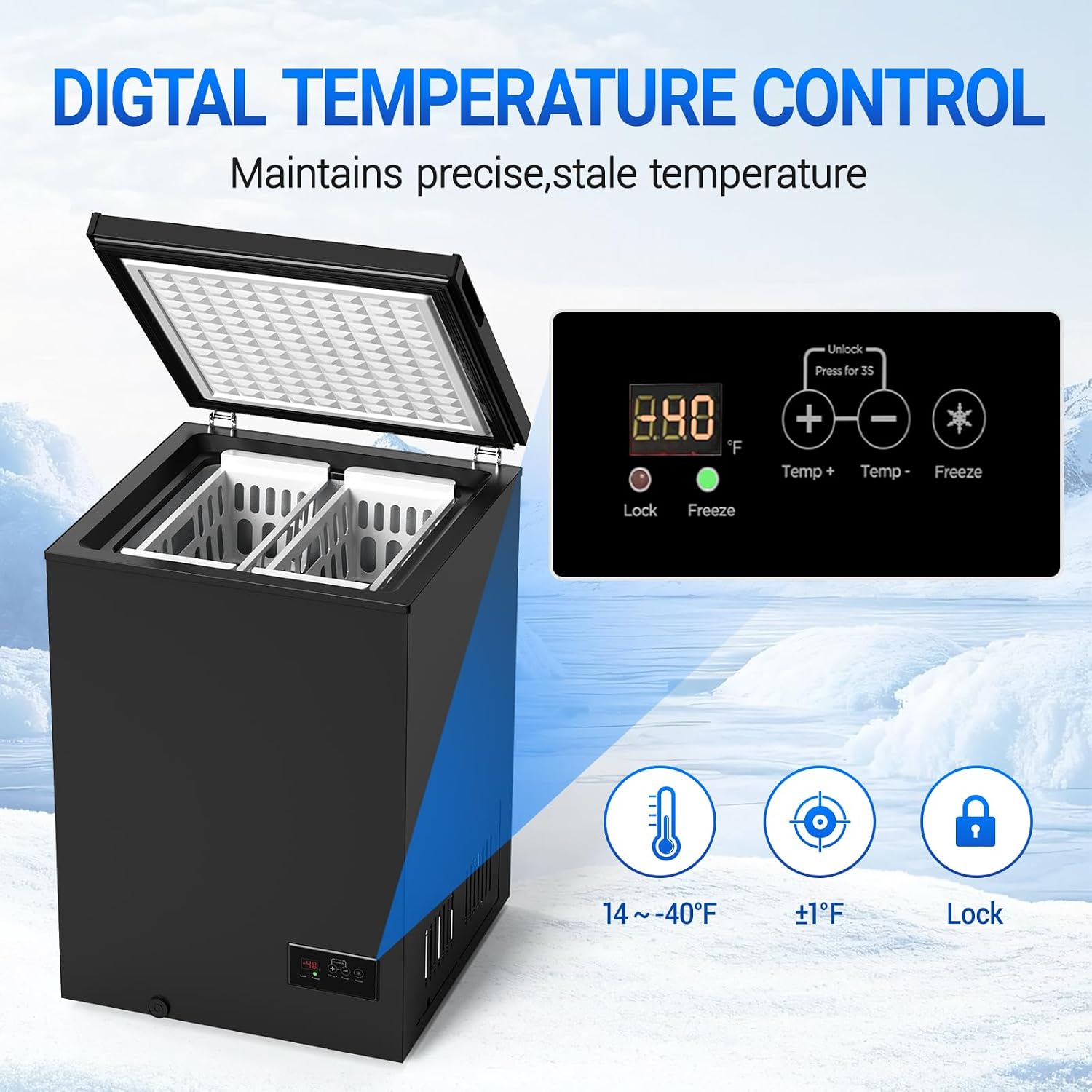 black Low temperature Chest Freezer - 3.5 Cu Ft with 2 Removable Baskets - Reach In Freezer Chest 14℉ to -40℉ Match Day Parties, Home Bar Game Day &Soccer Party (ProBlack)