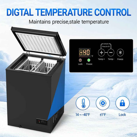 ADT -40°F Low Temp Chest Freezer, 3.5 Cu Ft Deep Freezer with 2 Removable Baskets, Ideal for Beaded Ice Cream, Seafood, Meat & Long-Term & Frozen Storage (CBlack, 3.5 Cubic Feet)