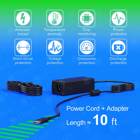 YTech 65W 45W USB-C Laptop Charger Type C Computer Fast Charger Power Adapter,Replacement for Lenovo,Dell,Acer,Asus,Google Chromebook Thinkpad Yoga EliteBook XPS Latitude,Samsung,MacBook and More