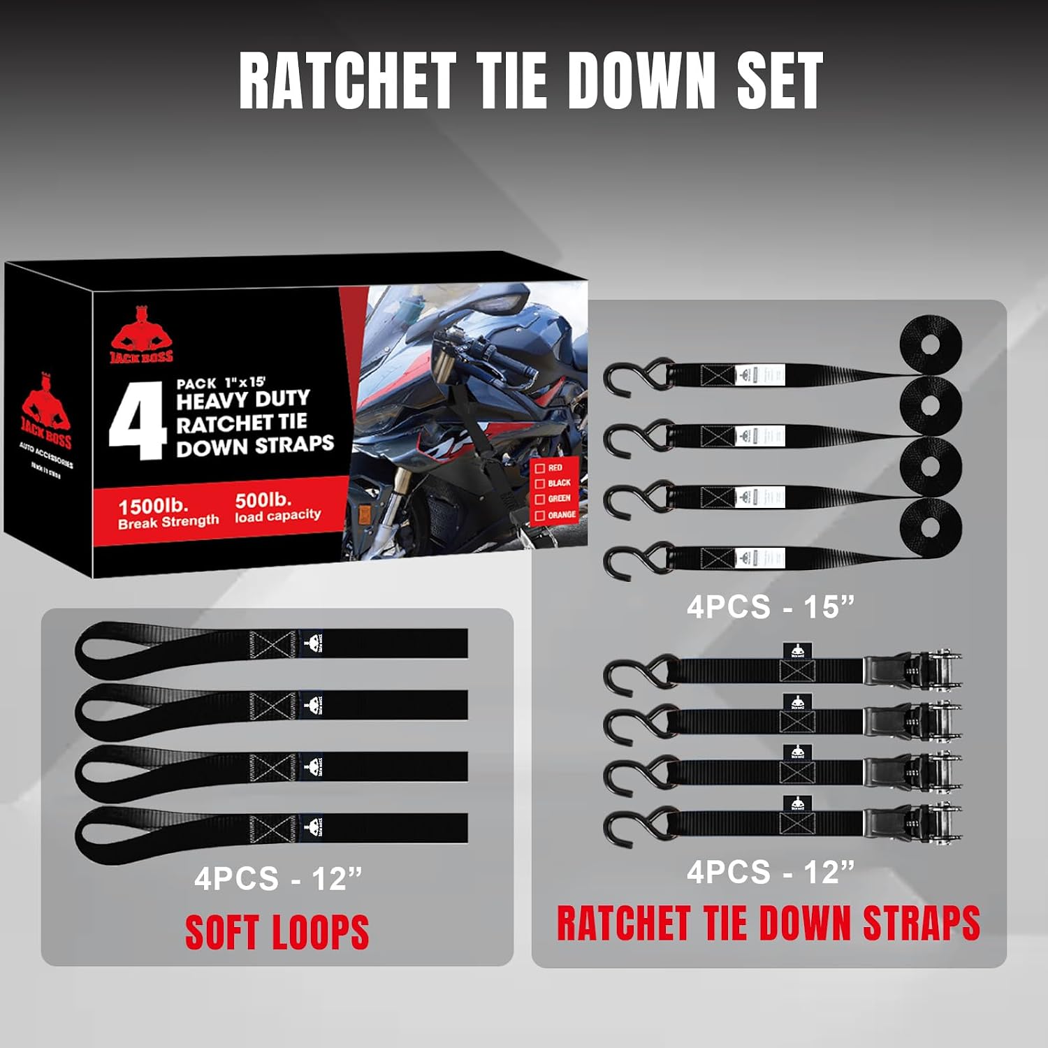 Jack Boss Ratchet Tie Down Straps Set,1500 lbs Break Strength, 1" x 15' Heavy Duty Ratchet Straps with 4X Soft Loops Padded Handles Coated S Hook, Fits for Moving Appliances Motorcycle ATV Truck,Black