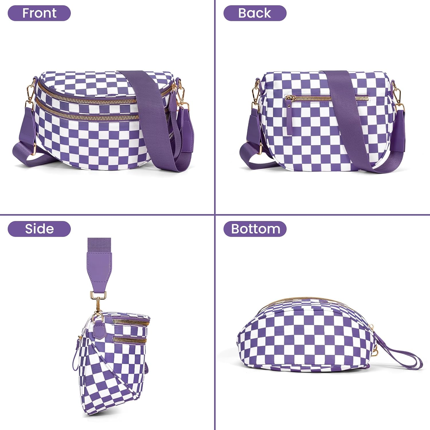 hibear Checkered Crossbody Bag Spacious Bum Bags for Women Nylon Crossbody Fanny Packs Checkered Purse Belt Wallet
