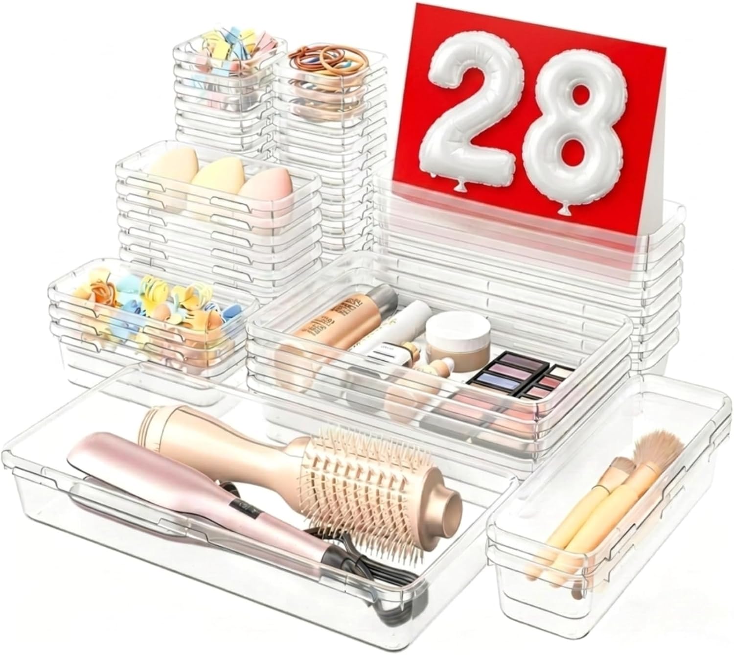 A-LuGei 【Military Grade】 Drawer Organizer, 【𝟱𝗦𝗶𝘇𝗲】 Makeup organizer, 【Holds 177 Items】 Bathroom Organizers and Storage, Organization and Storage, Desk Drawer Organizer for Vanity 【Clear】