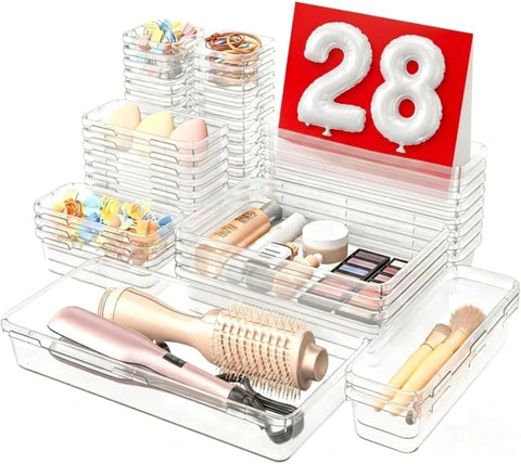 A-LuGei 【Military Grade】 Drawer Organizer, 【𝟱𝗦𝗶𝘇𝗲】 Makeup organizer, 【Holds 177 Items】 Bathroom Organizers and Storage, Organization and Storage, Desk Drawer Organizer for Vanity 【Clear】