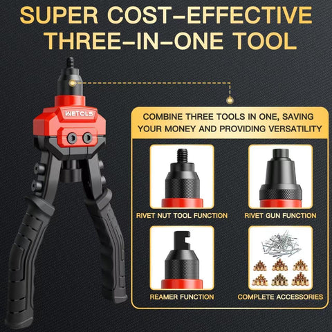 WETOLS 3 in 1 Rivet Gun with 5 Rivet Heads, Rivet Nut Tool Kit, Reamer Set
